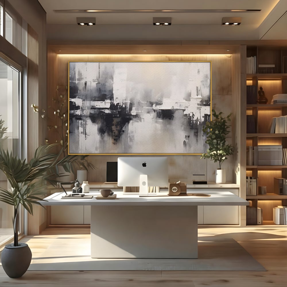 Tablou canvas cu tablou canvas cu peisaj urban abstract gri, in rama de aluminiu auriu, pe perete intr-un birou
